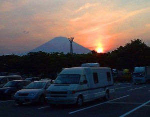 Ashigara Service area at sunset with Mt Fuji in the background.