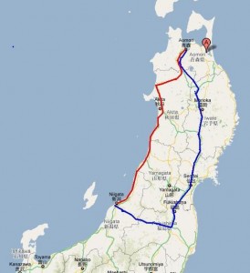 The Tohoku area of Northern Honshu, Japan. The red light shows my usual route to Aomori Prefecture along the Sea of Japan coastal road, Route 7, The blue line shows the route I took back along the this trip.