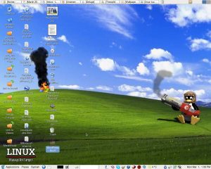 Screenshot of Gnome 2.8 desktop with Linux Tux zapping the MS Logo!