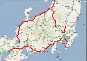 Hitchhike route in central Japan