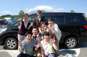 On June 9th on the way back to Niigata,  a minivan of two men and 5 ladies took me from Hirosaki in Aomori Ken to Iwate. The fifth lady took the photo. Mt. Iwate is in the background.