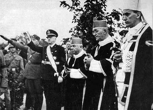 Vatican Legate Ramiro Marcone, third from right, Alojzije Stepinac, first on right, and Ante Pavelic, partially obscured, far left, at the 1944 funeral for Marko Dosen, the President of the Ustasha Parliament.