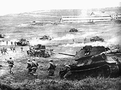 The decisive battle of World War II: Russian Red Army troops with T-34 tanks attack German positions at Kursk, 1943.