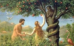 Adam and Eve in the Garden of Eden tempted by the Devil.